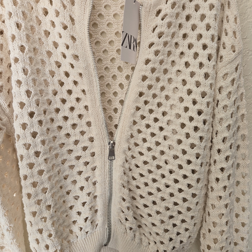 Zara Cream Knit Openwork Cardigan Medium